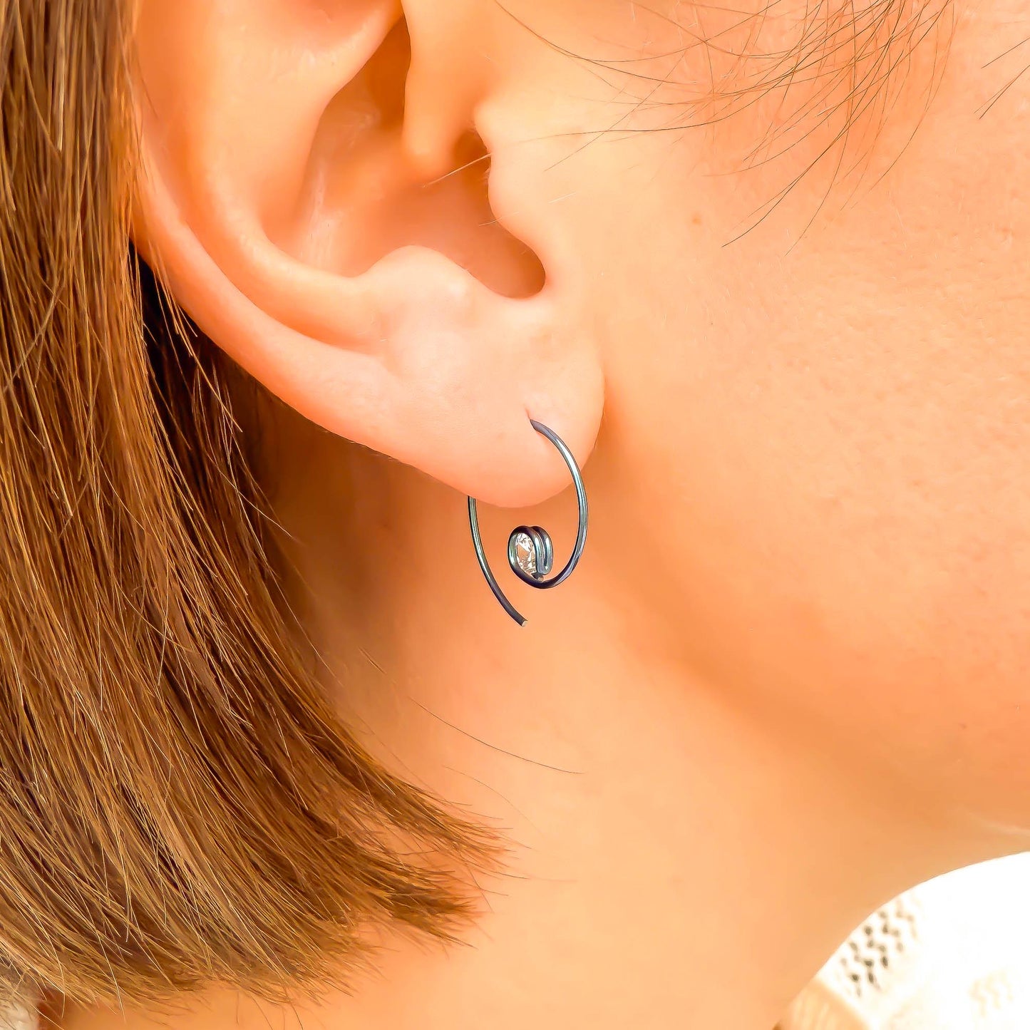 Teal Mini CZ Spiral Hoop Earrings, Niobium