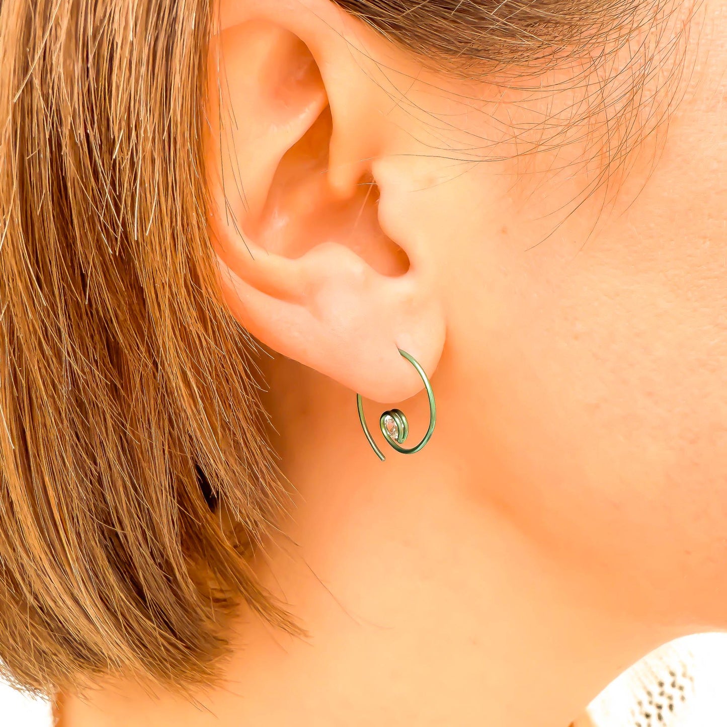 Green Mini CZ Spiral Hoop Earrings, Niobium