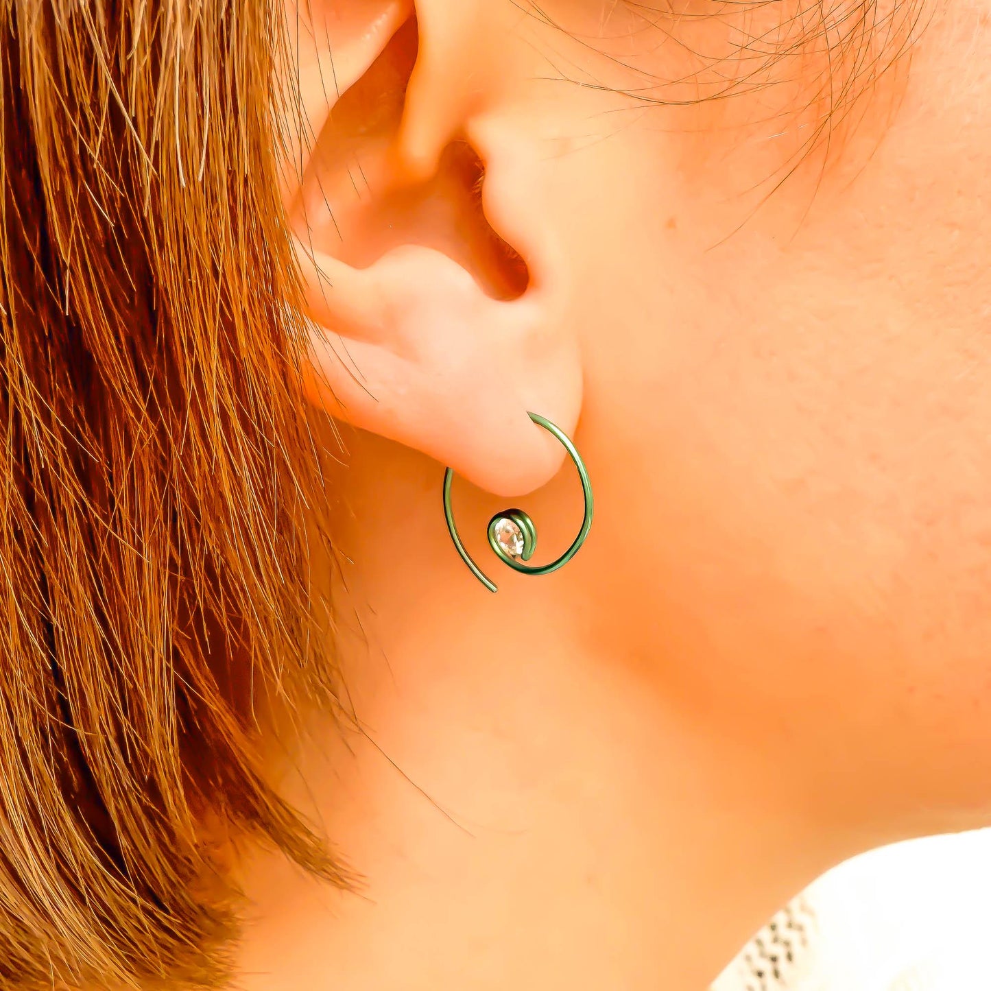 Green Mini CZ Spiral Hoop Earrings, Niobium
