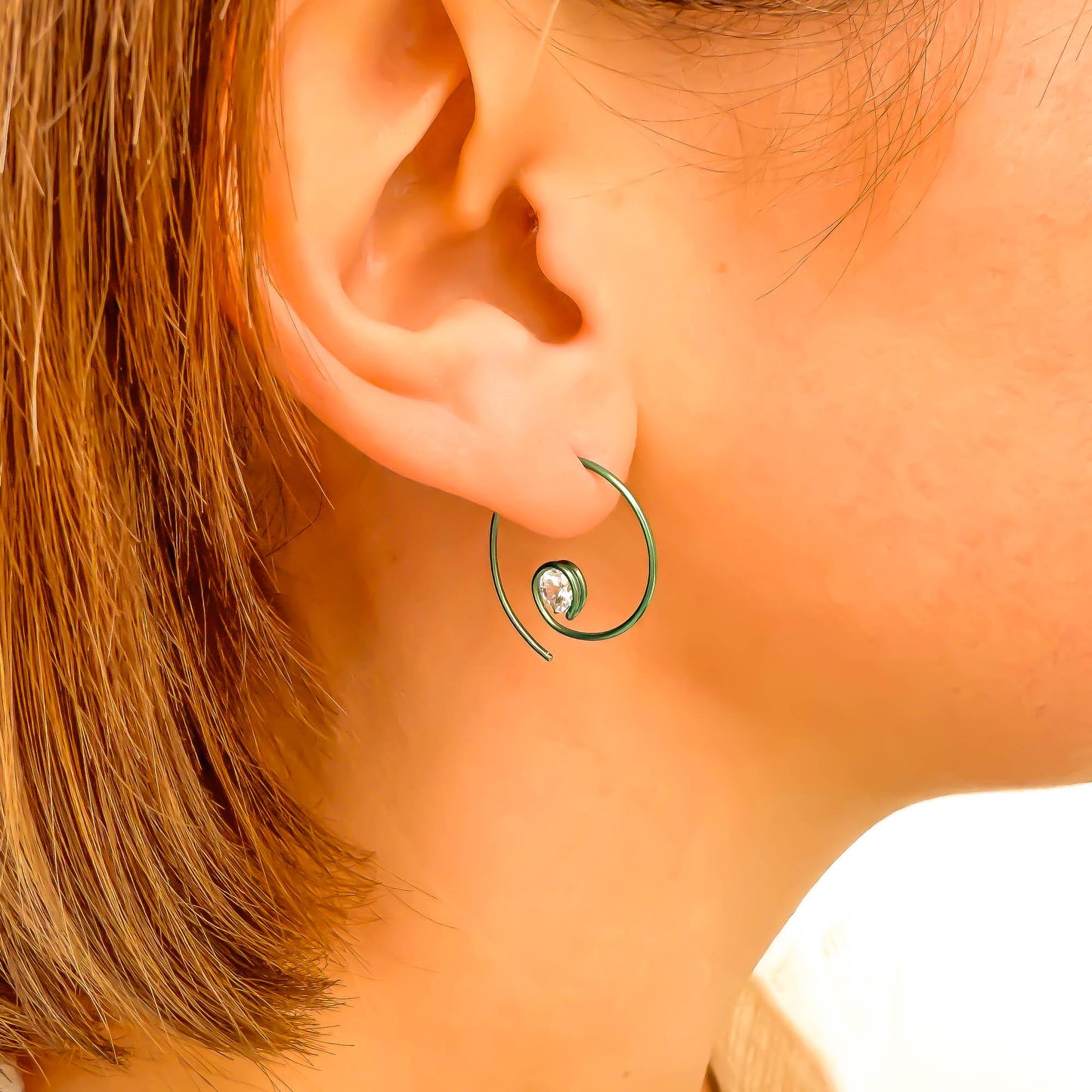 Green Threader CZ Spiral Hoop Earrings, Niobium