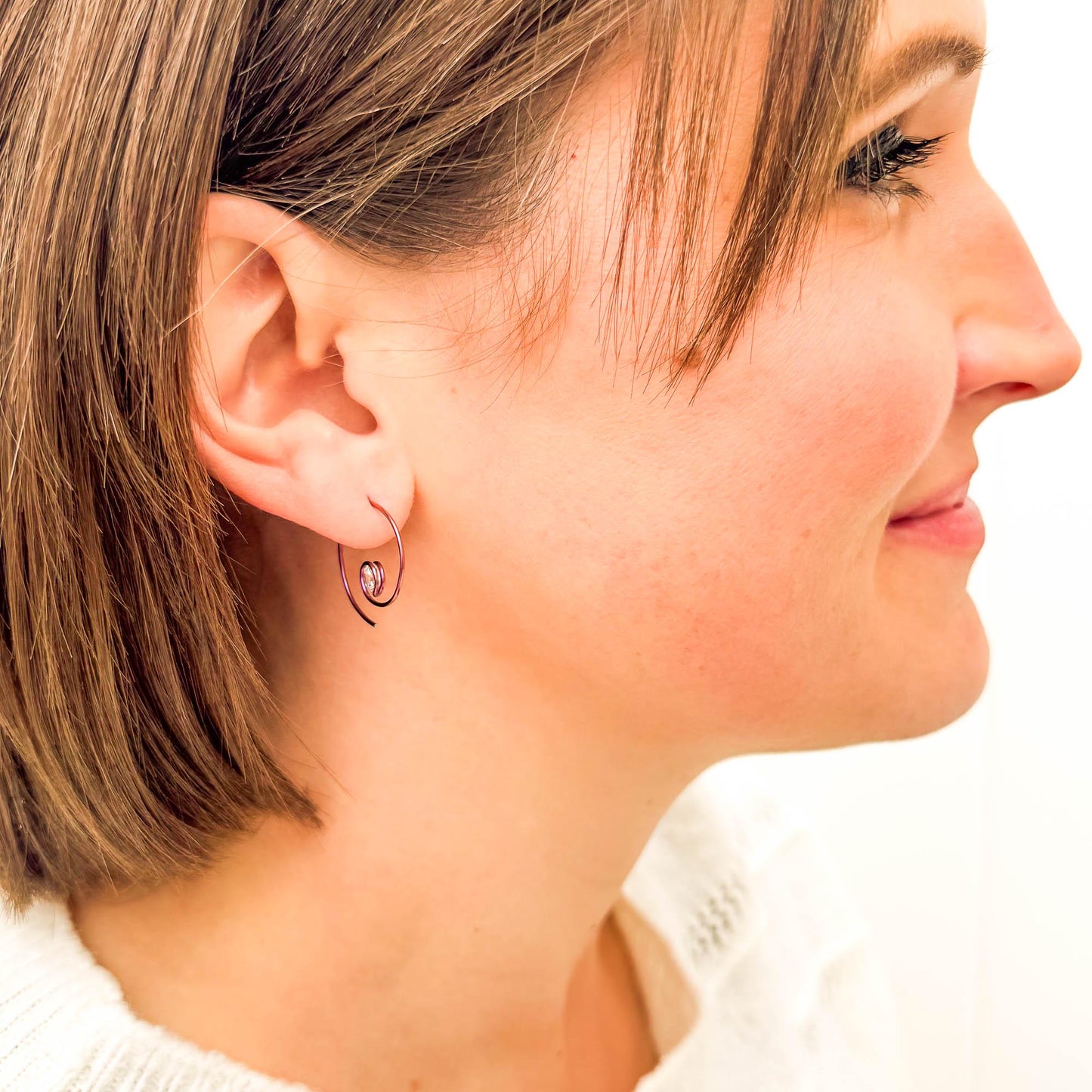 Pink Threader CZ Spiral Hoop Earrings, Niobium