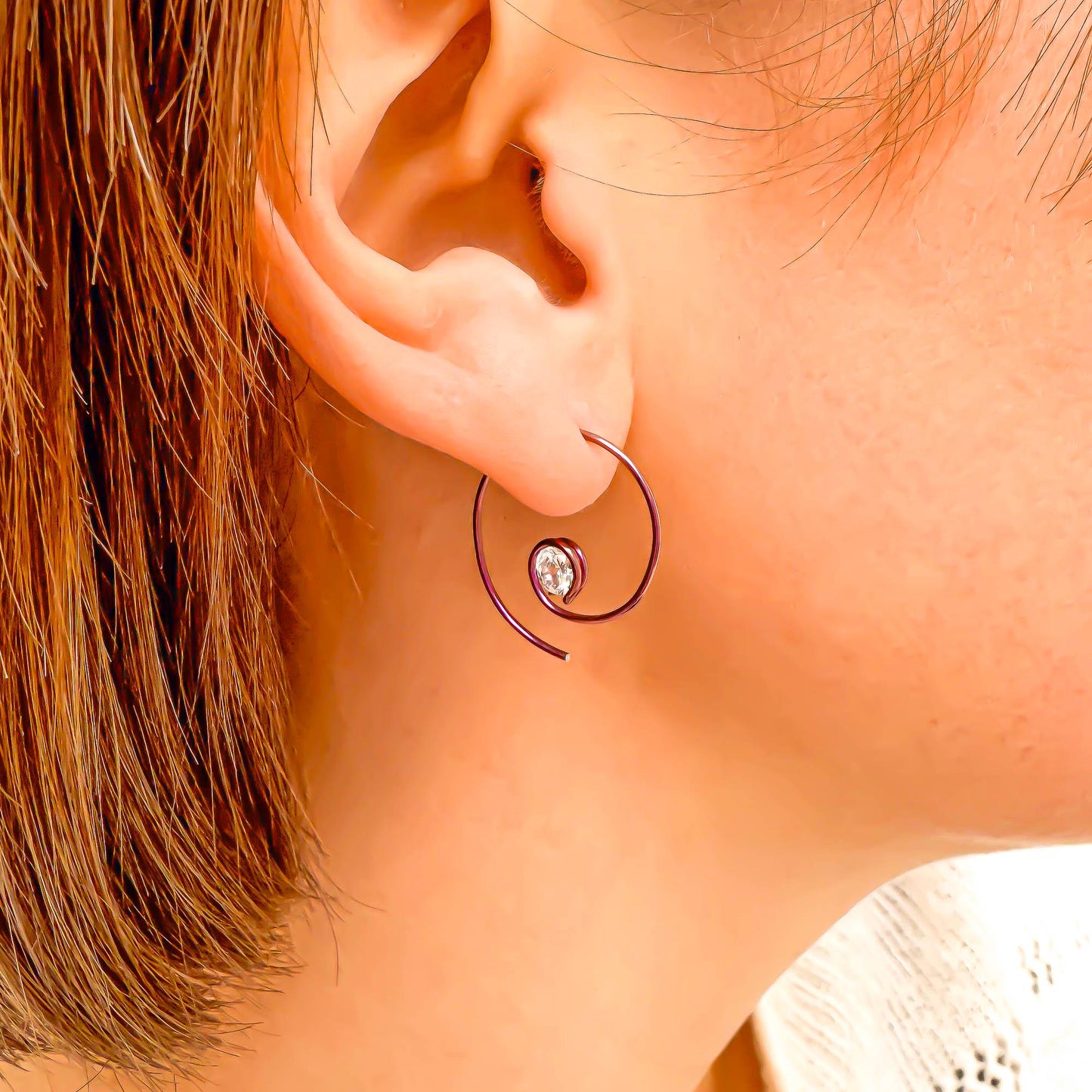Pink Threader CZ Spiral Hoop Earrings, Niobium