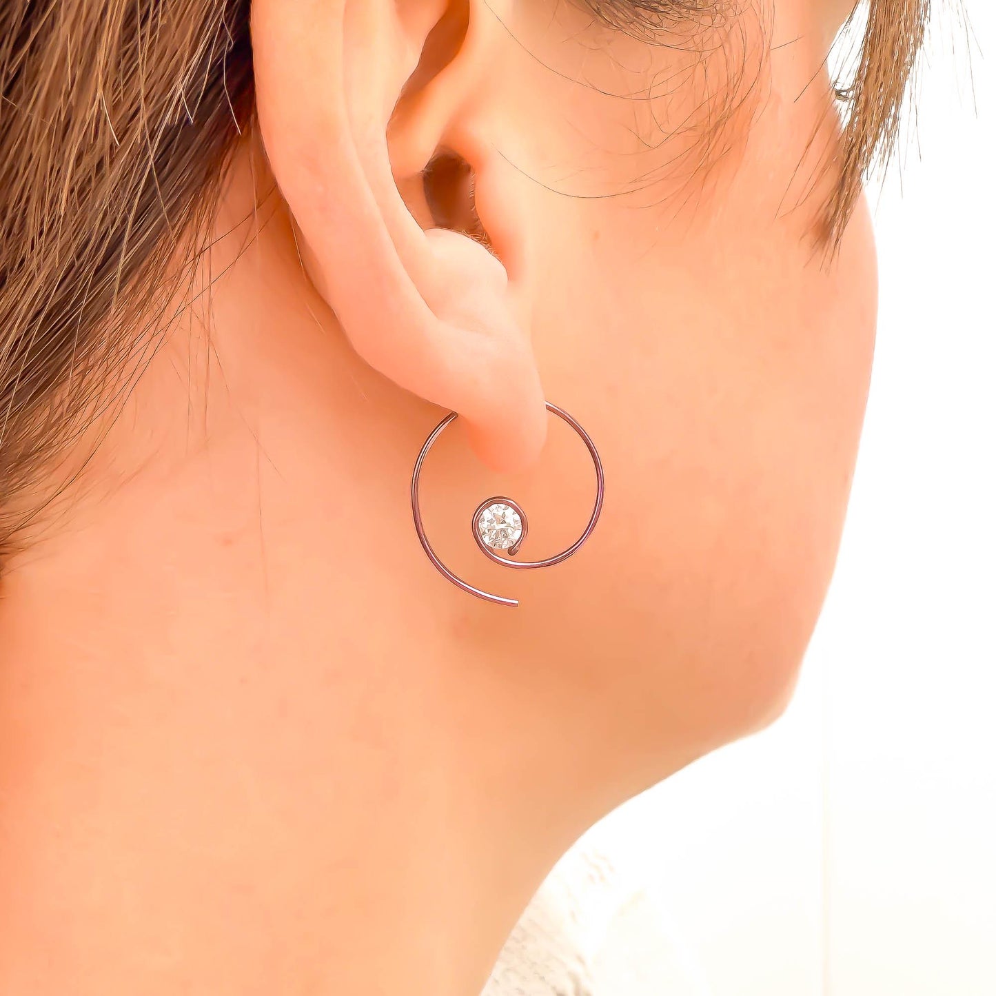 Pink Threader CZ Spiral Hoop Earrings, Niobium