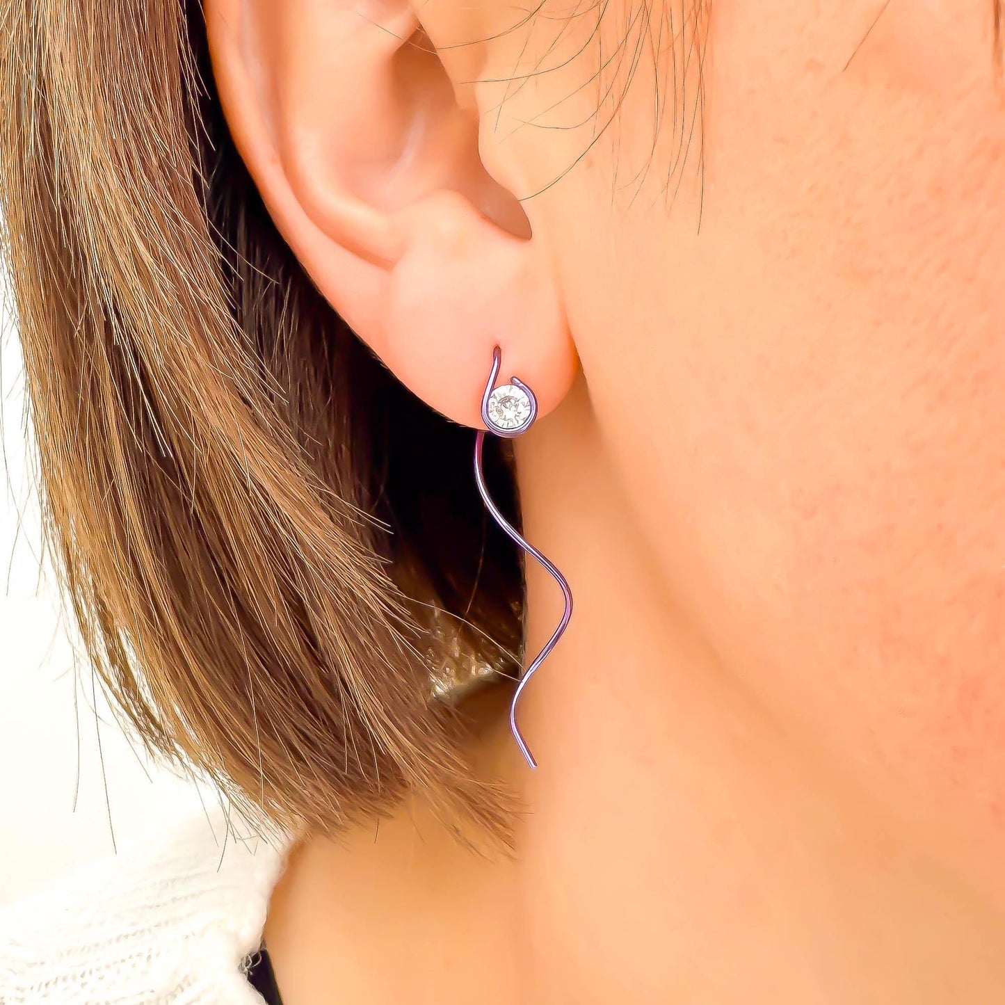 Purple Spiral CZ Threader Earrings, Niobium