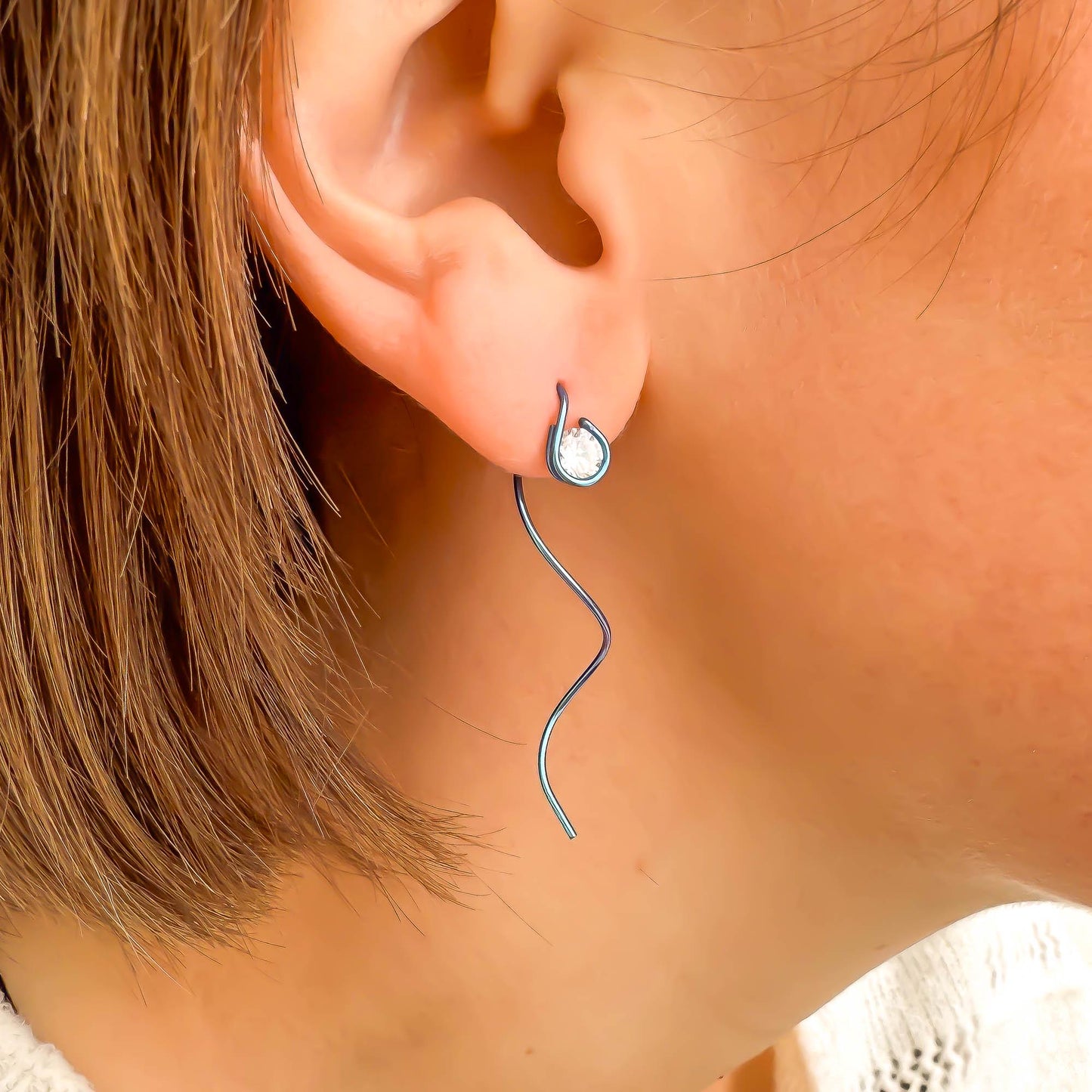 Teal Spiral CZ Threader Earrings, Niobium