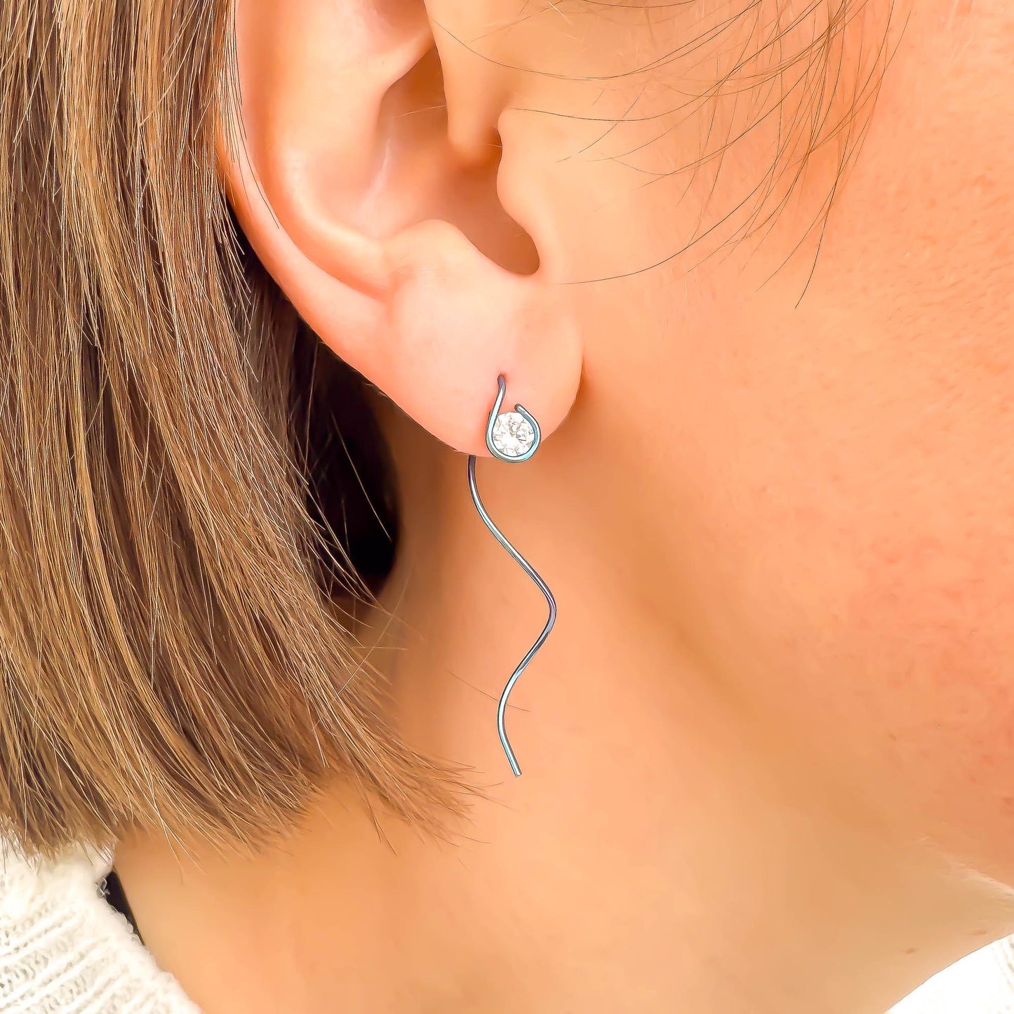 Teal Spiral CZ Threader Earrings, Niobium