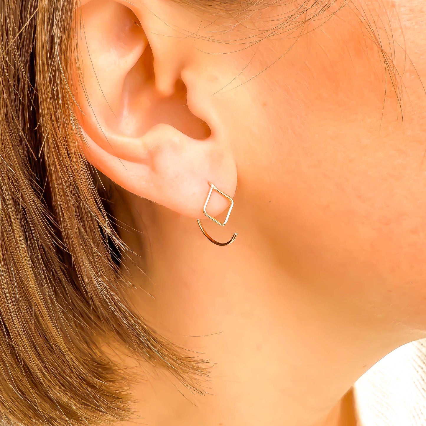 Square Drop Half Hoop Earrings, 14K Gold Filled