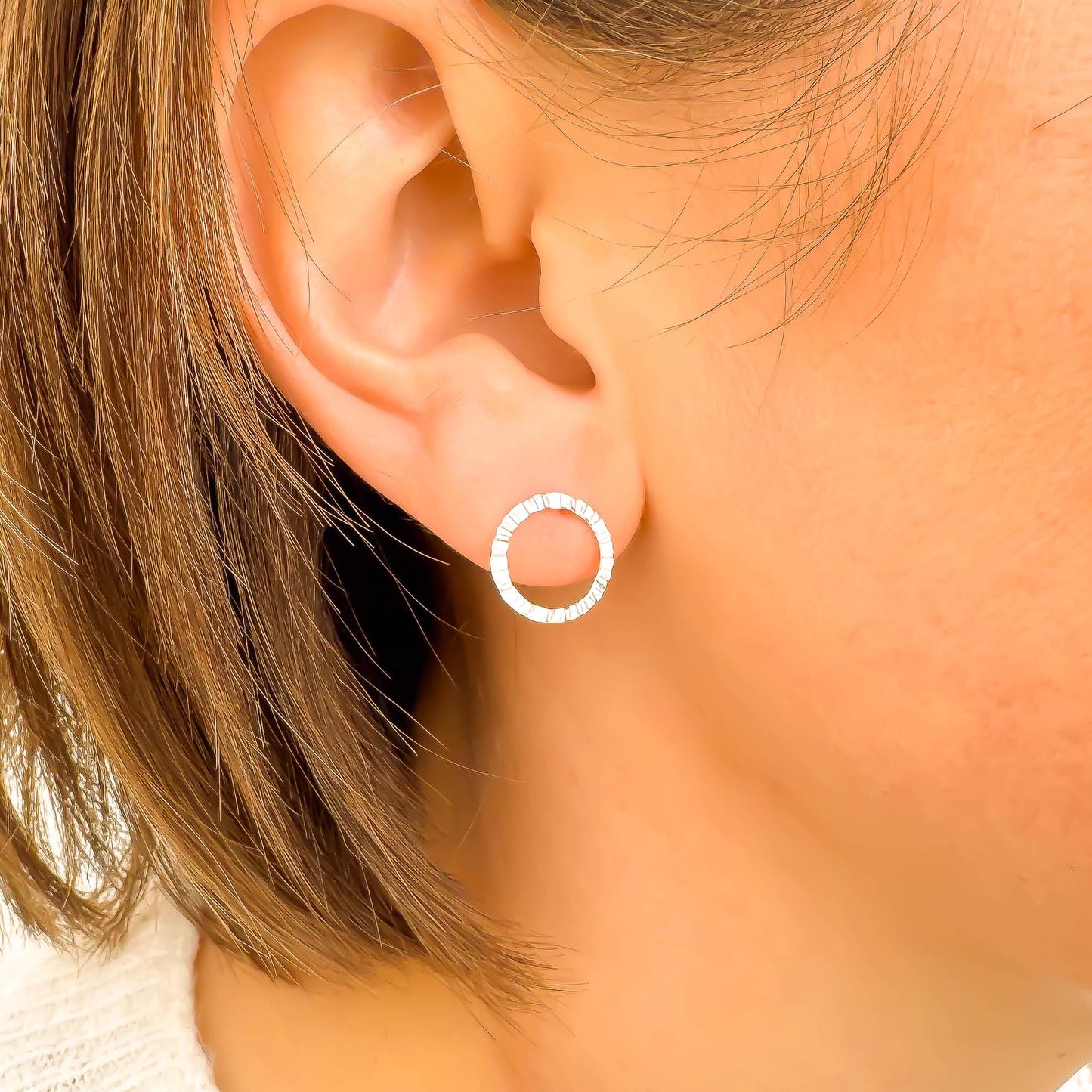 Circle Hammered Stud Earrings, Sterling Silver