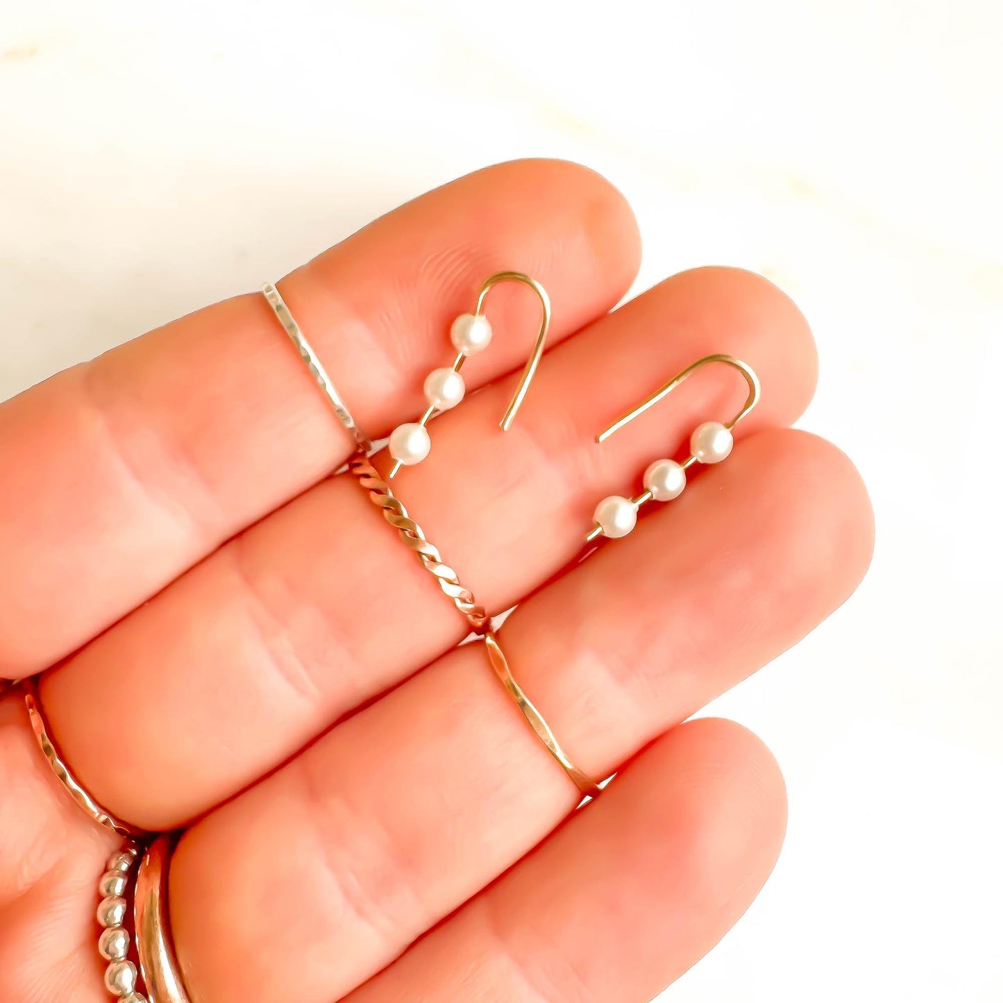 Pearl Mini Ear Climber Earrings, 14K Gold Filled