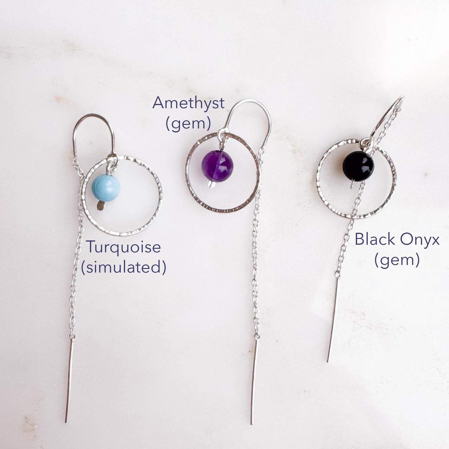 True Black Onyx Threader Earrings, Sterling Silver