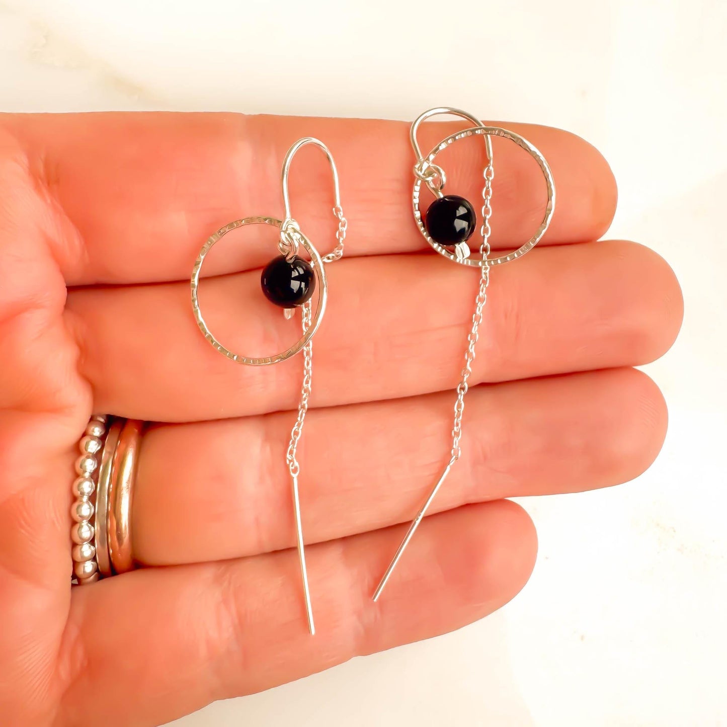 True Black Onyx Threader Earrings, Sterling Silver