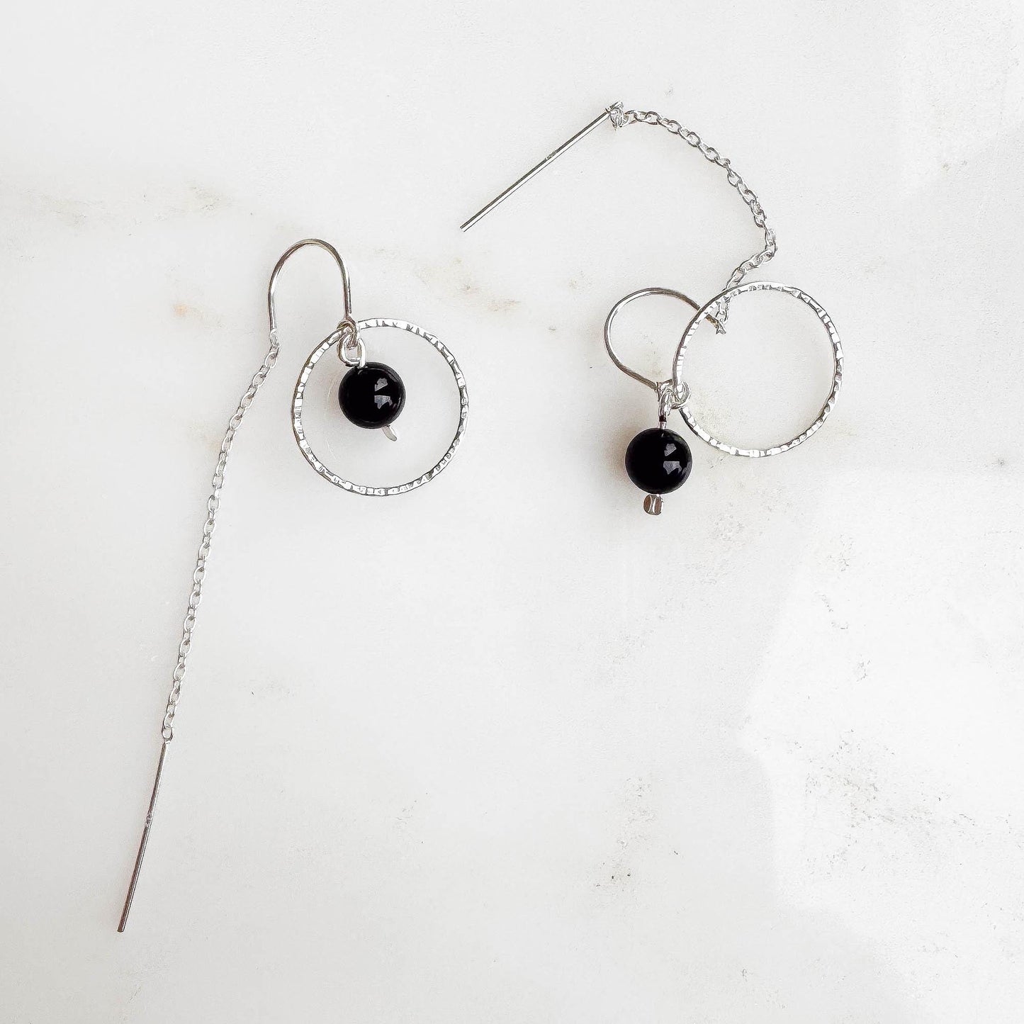 True Black Onyx Threader Earrings, Sterling Silver