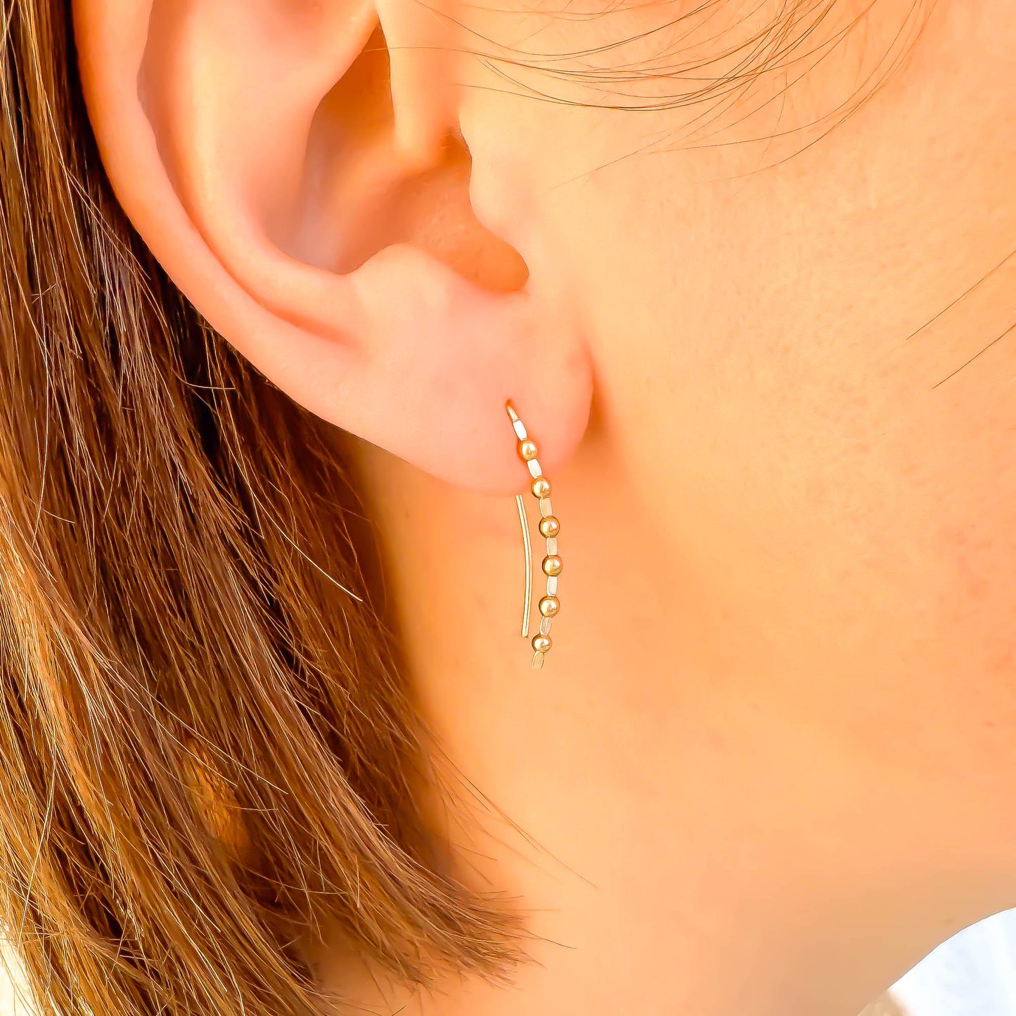 Beaded Long Ear Climber, 14K Gold Filled