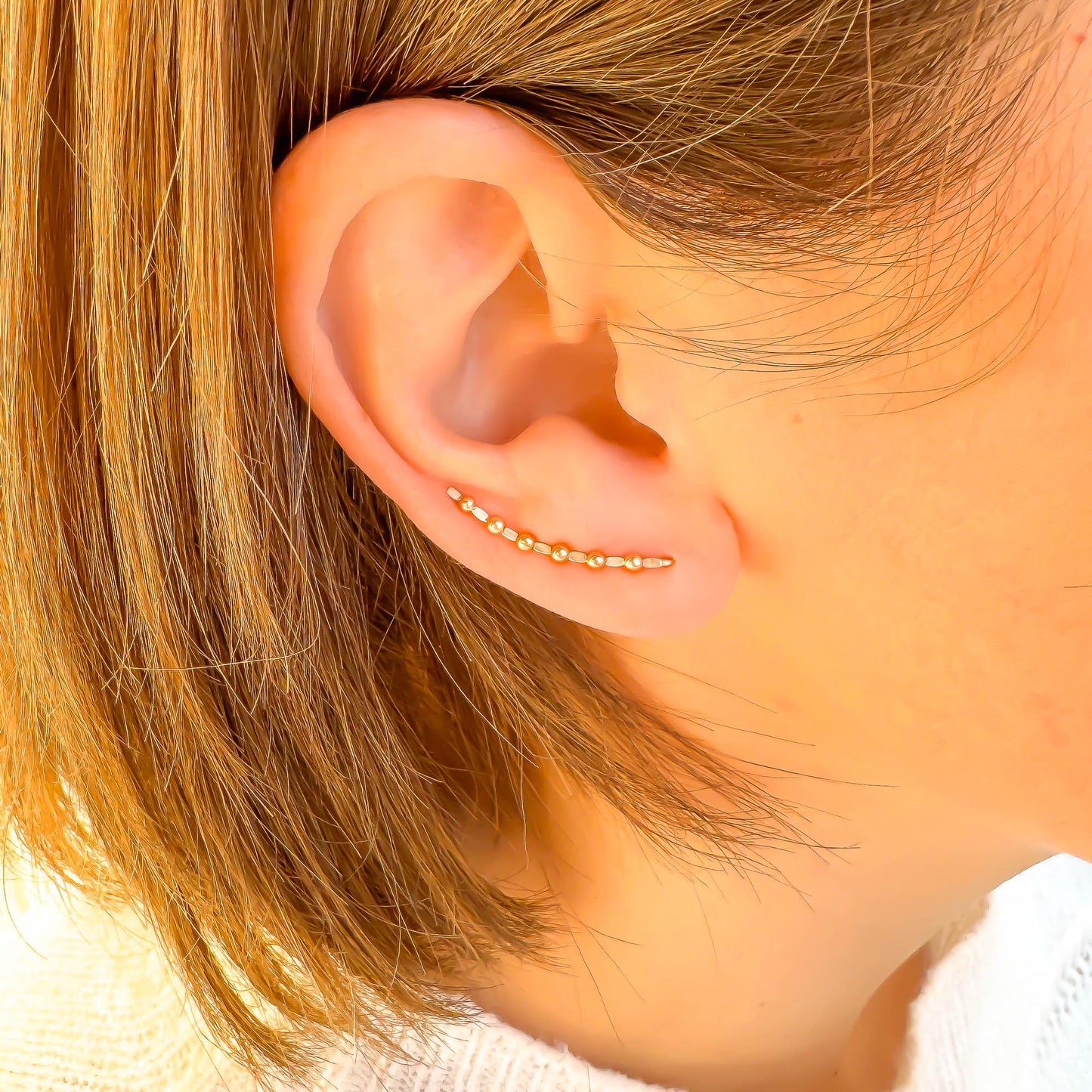 Beaded Long Ear Climber, 14K Gold Filled