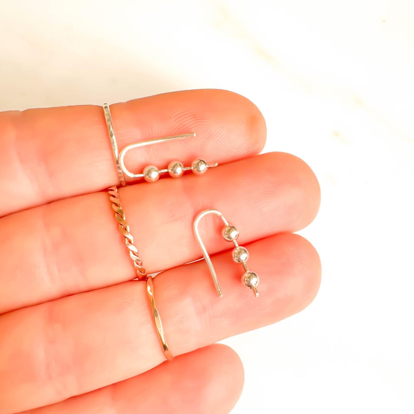Beaded Mini Ear Climber, Sterling Silver
