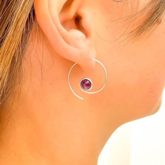 Purple Amethyst Spiral Hoop Earrings, Sterling Silver