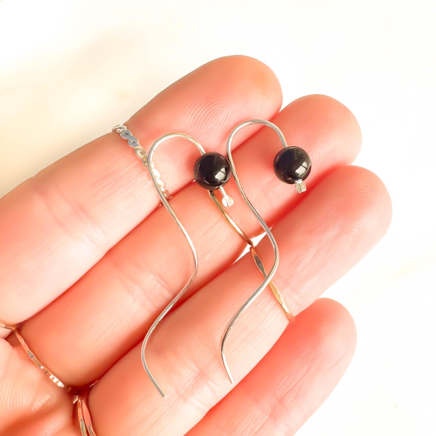 Midnight Onyx Spiral Earrings, Sterling Silver