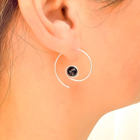 Black Onyx Spiral Hoop Earrings, Sterling Silver