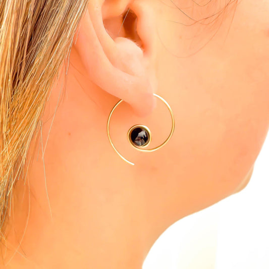 Black Onyx Spiral Hoop Earrings, 14K Gold Filled