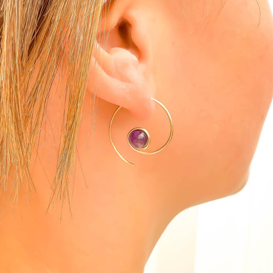 Purple Amethyst Spiral Hoop Earrings, 14K Gold Filled