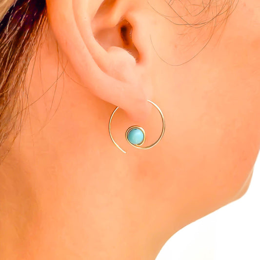 Mini Spiral Blue Turquoise Hoop Earrings, 14K Gold Filled