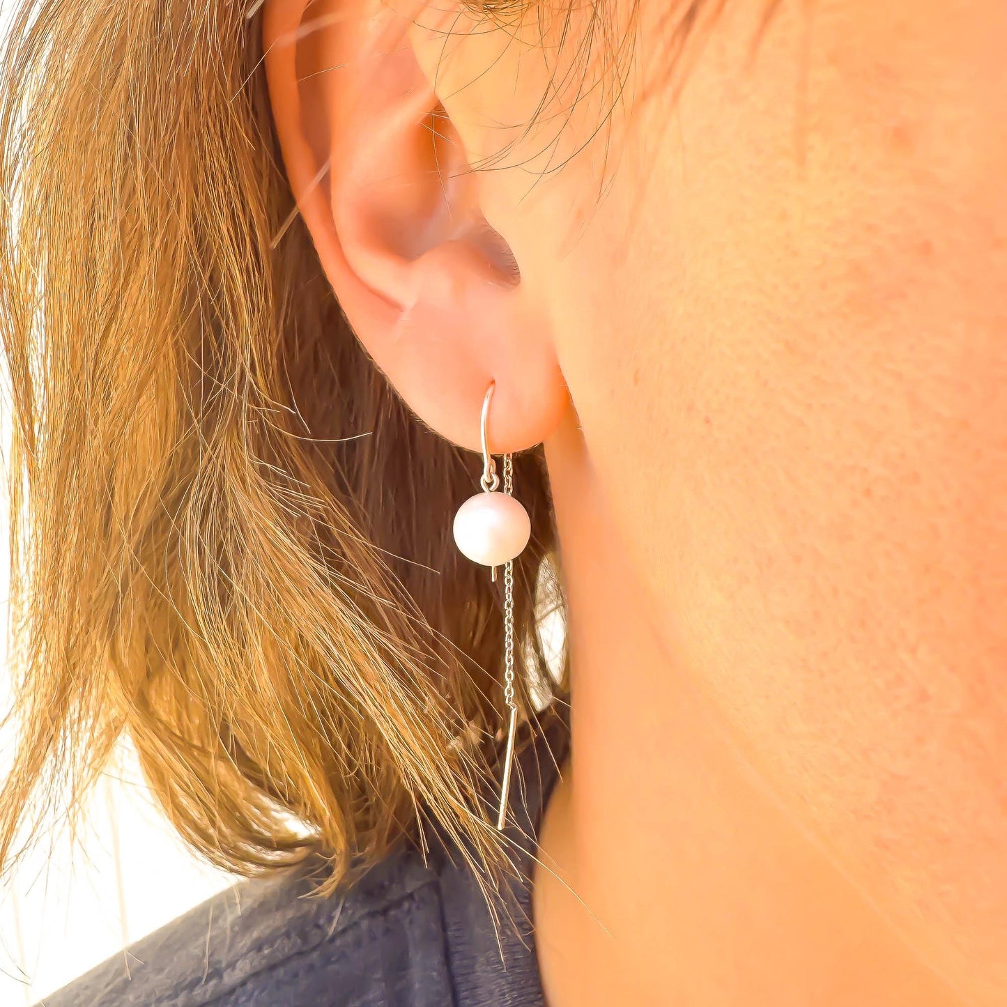 Gravity: Pearl Threader Earrings, Sterling Silver