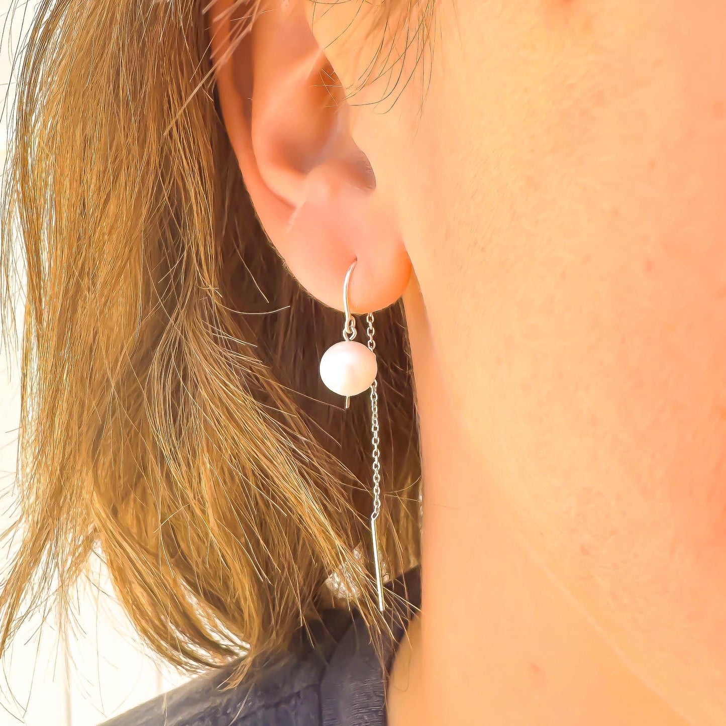 Gravity: Pearl Threader Earrings, Sterling Silver