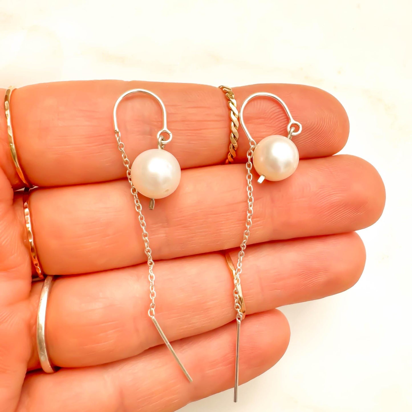 Gravity: Pearl Threader Earrings, Sterling Silver