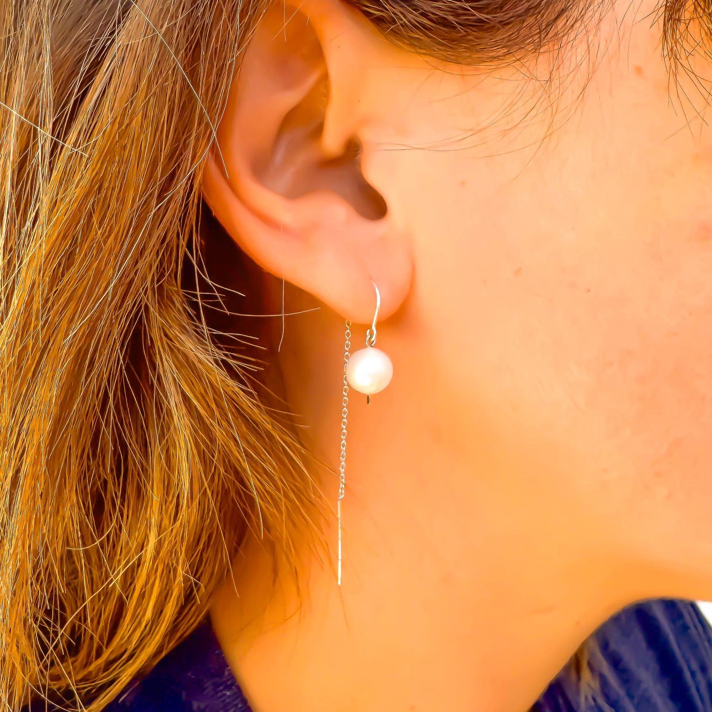Gravity: Pearl Threader Earrings, Sterling Silver