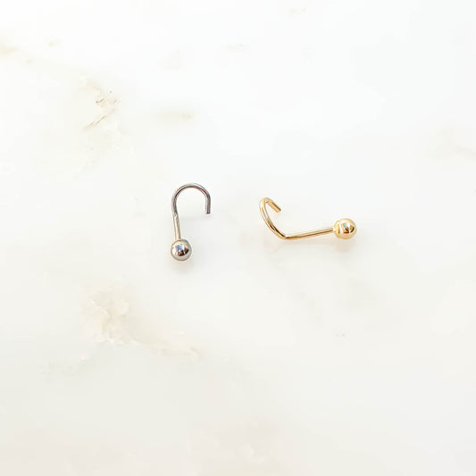 14K 2mm Ball Nose Screw Stud, White and Yellow Gold