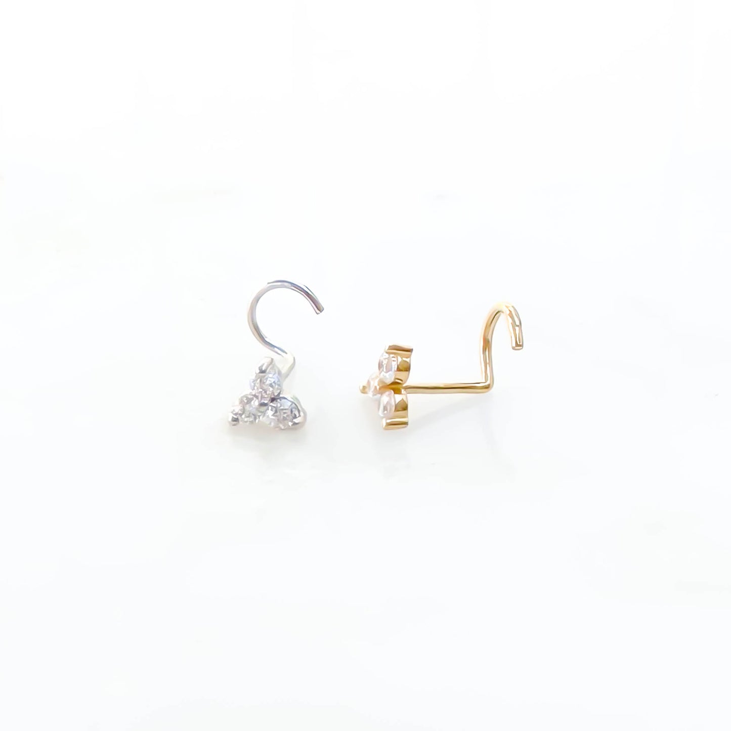 14K 3 CZ Nose Screw Stud, White and Yellow Gold