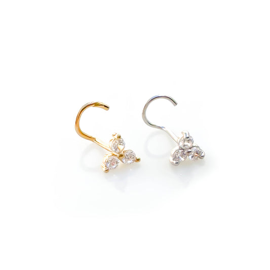 14K 3 CZ Nose Screw Stud, White and Yellow Gold