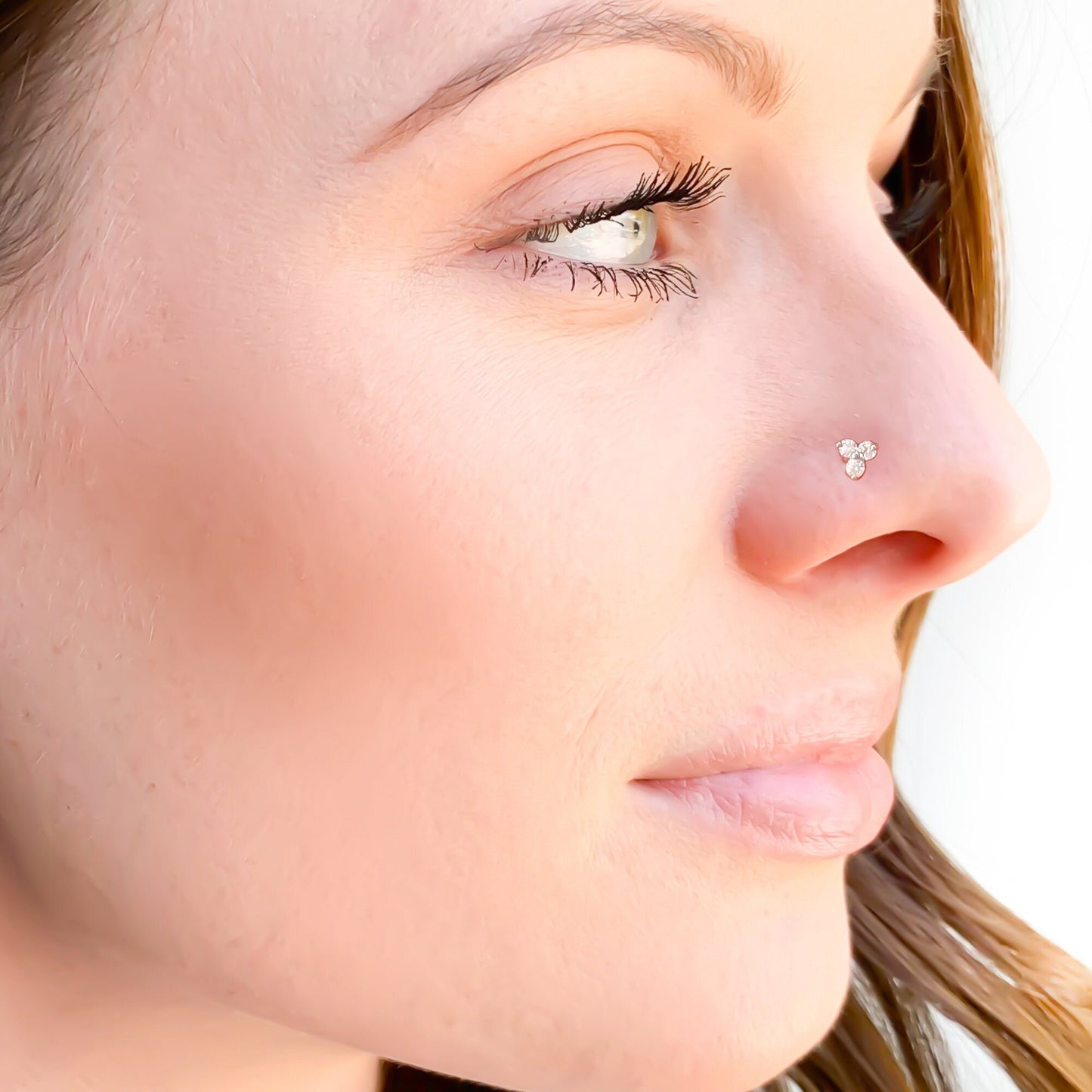 14K 3 CZ Nose Screw Stud, White and Yellow Gold