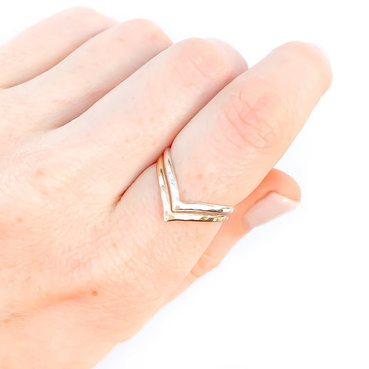 Two Toned Double Chevron Ring, 14K Gold Filled & Sterling Silver