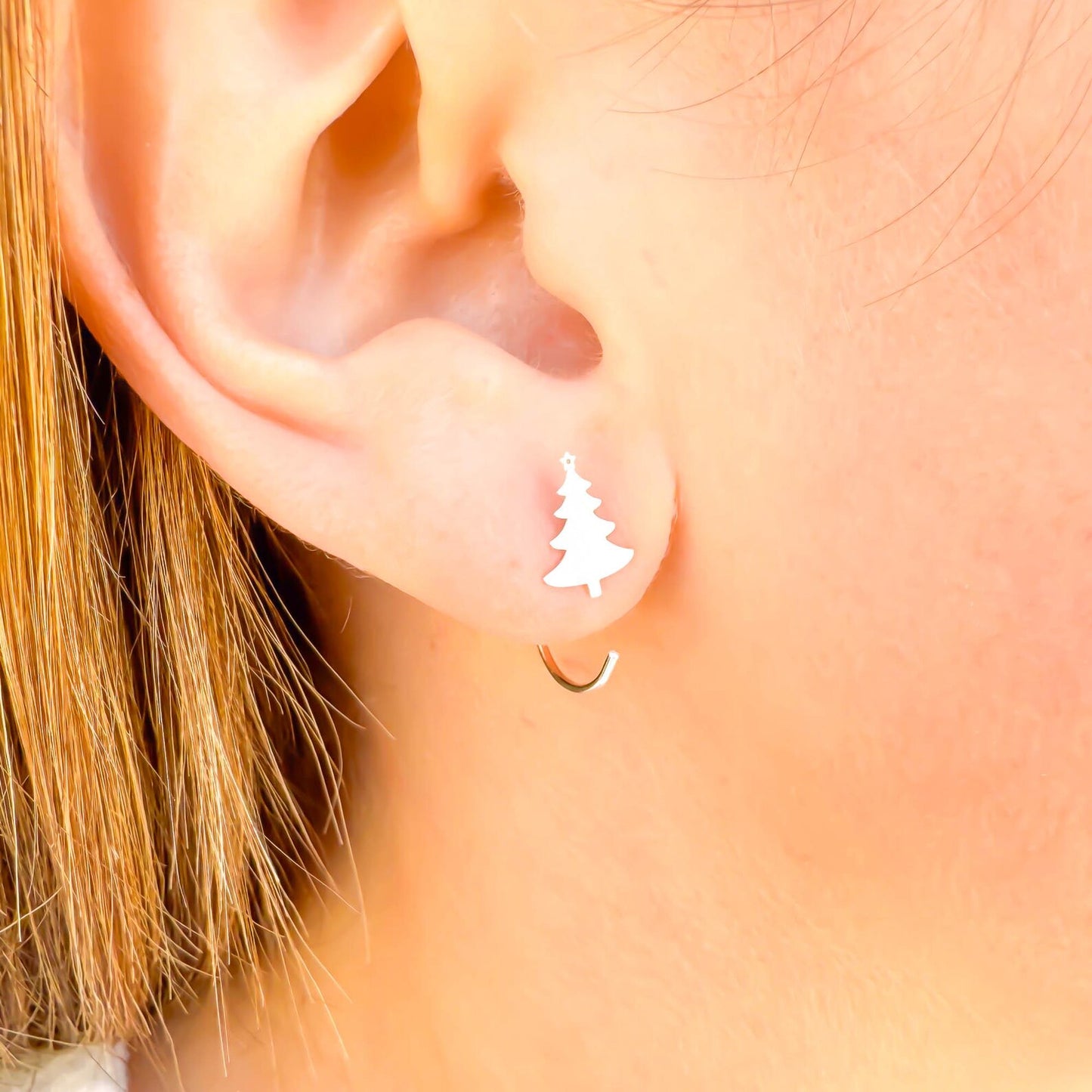 Christmas Tree Half Hoop Earrings, Sterling Silver