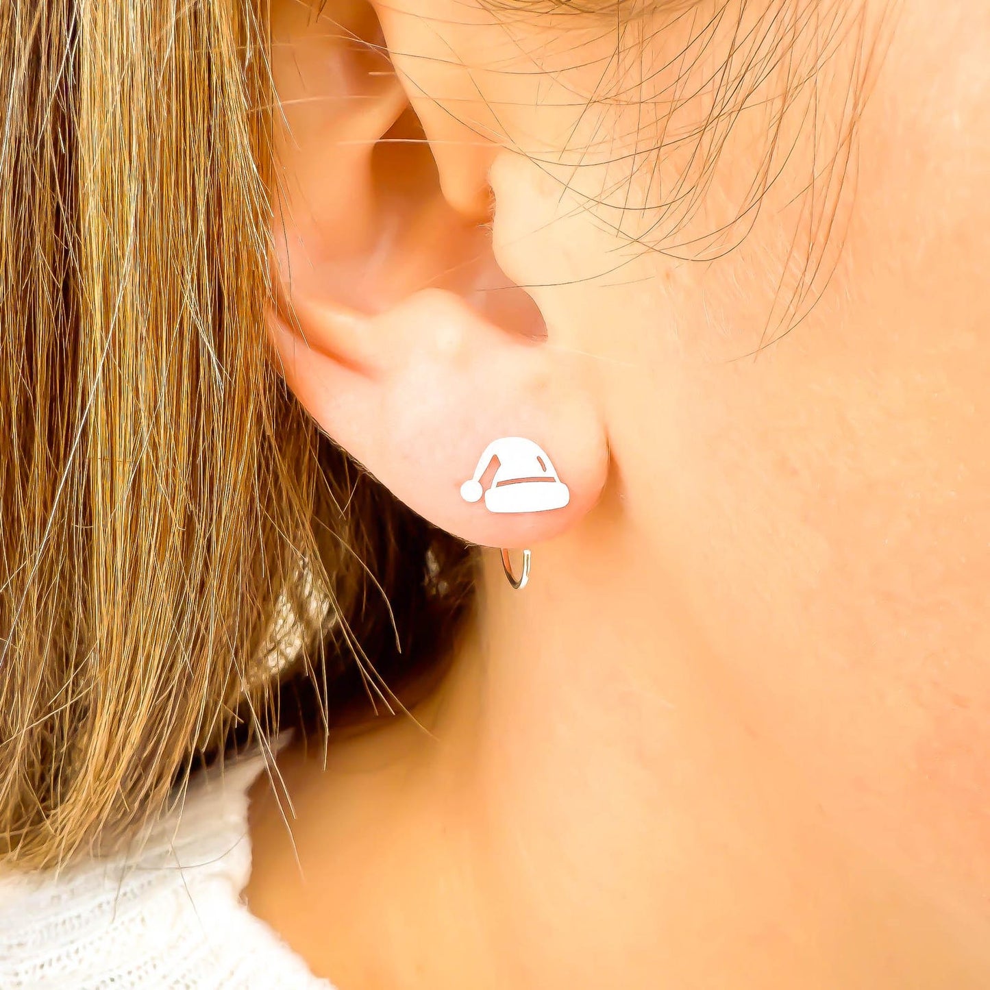 Santa Hat Half Hoop Earrings, Sterling Silver