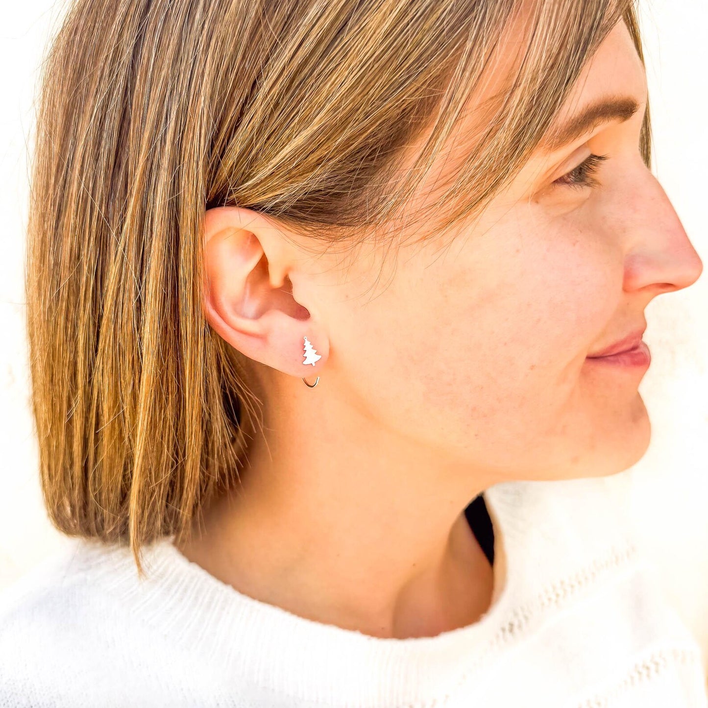 Christmas Tree Half Hoop Earrings, Sterling Silver