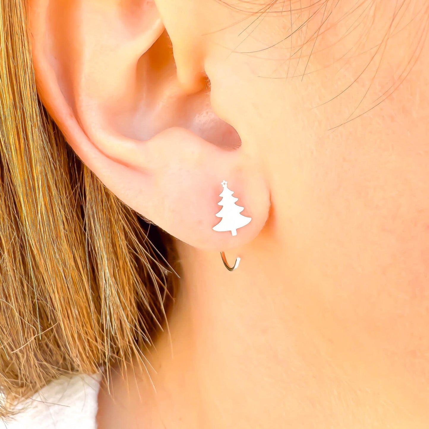 Christmas Tree Half Hoop Earrings, Sterling Silver