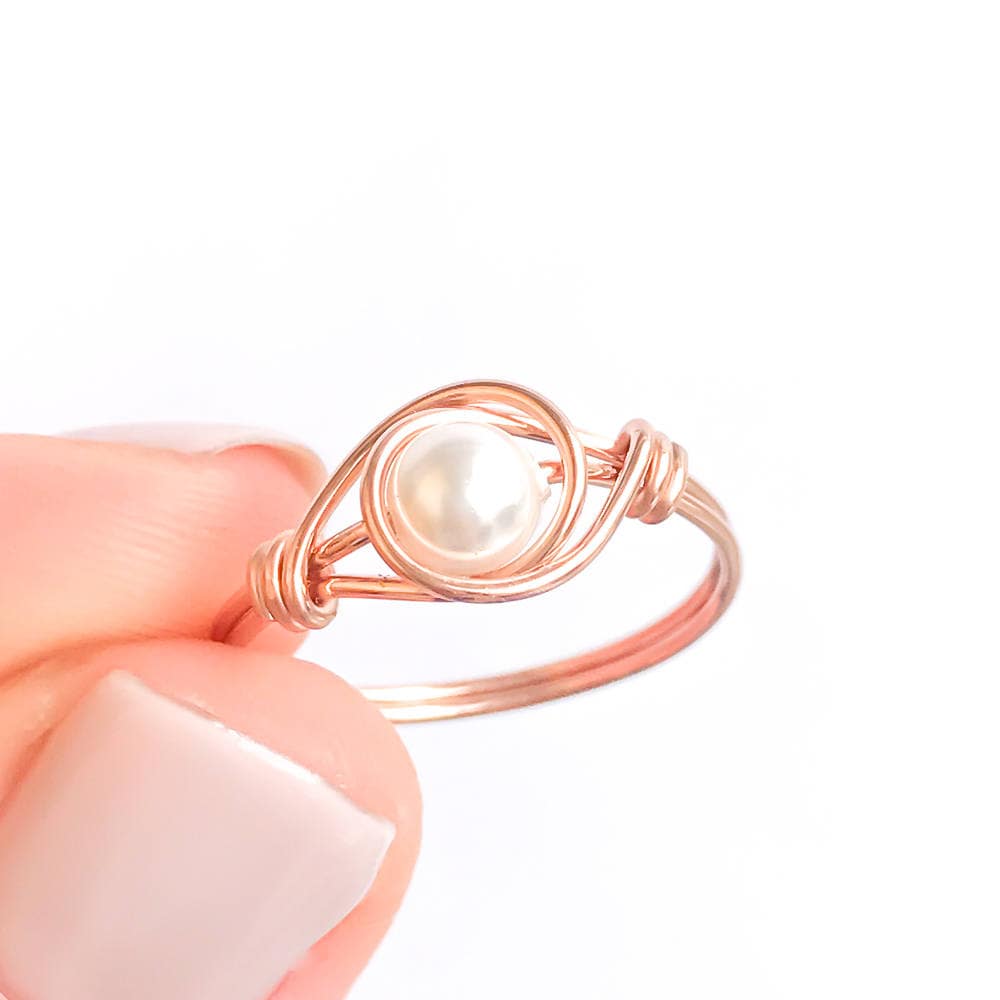 Wire Wrapped Pearl Ring, 14K Rose Gold Filled