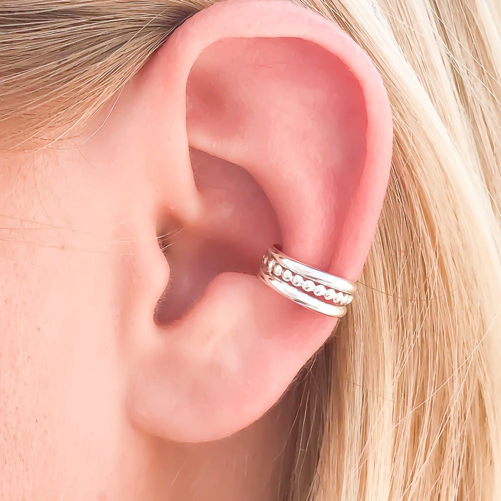 Bead Conch Ear Cuff Triple Band, Sterling Silver