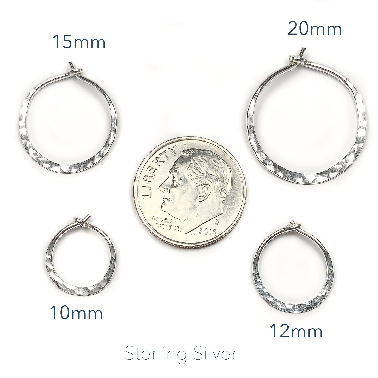 15mm Hammered Hoop Earrings, Sterling Silver