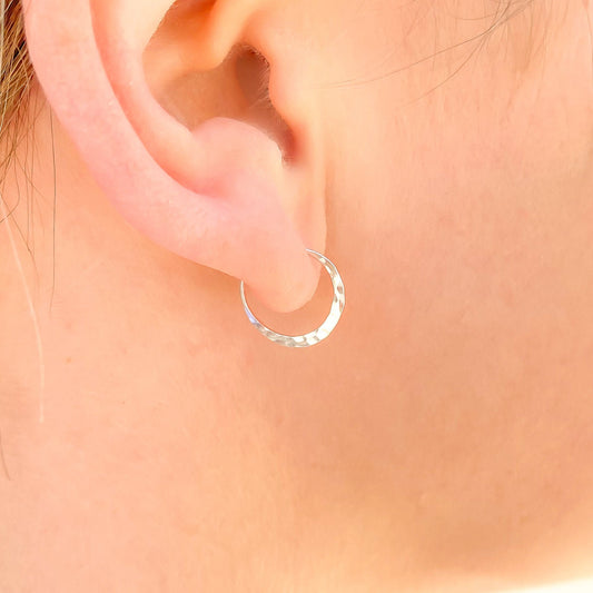 Small Hammered Hoop Earrings, Sterling Silver 12mm