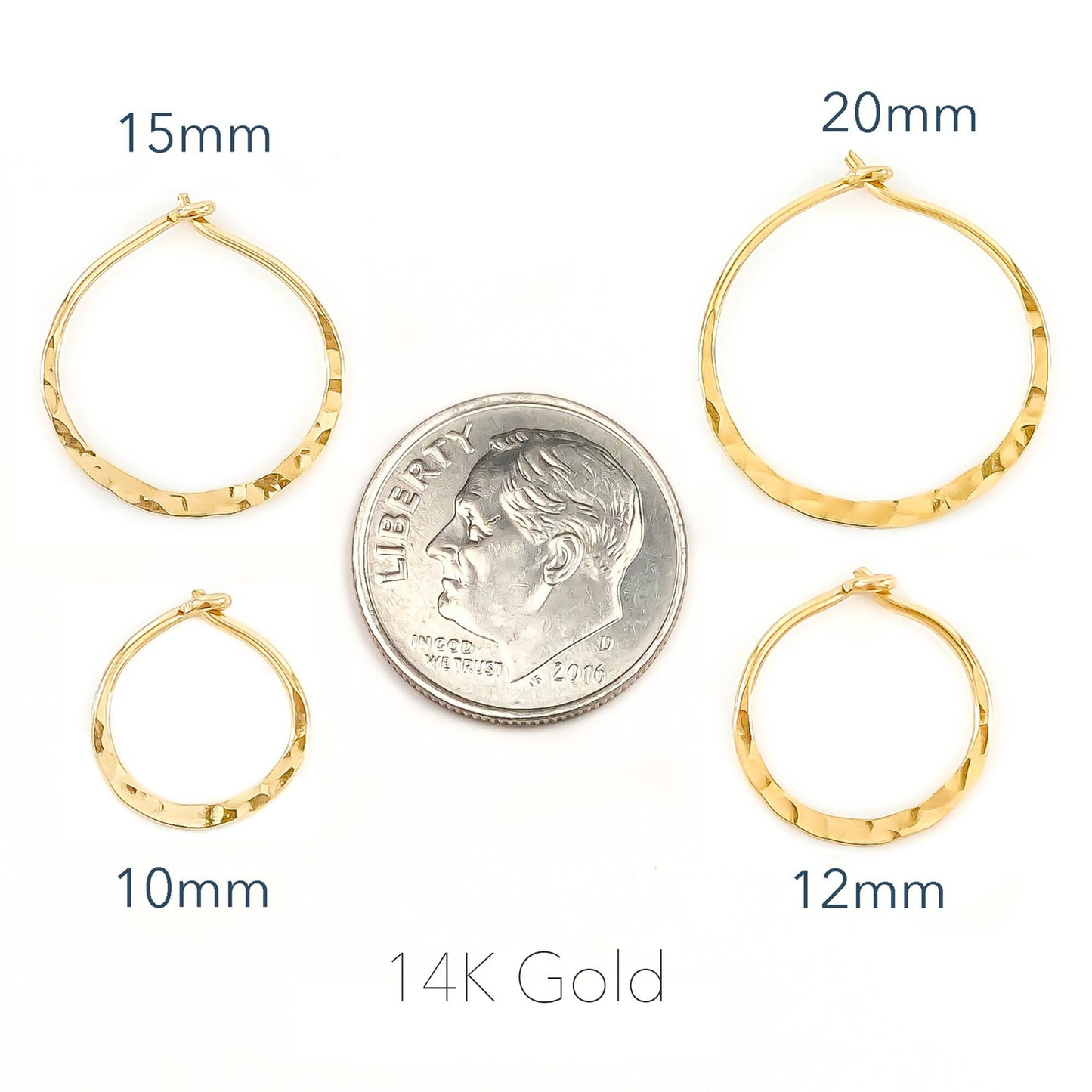 14K Gold Hammered Hoops, 12mm