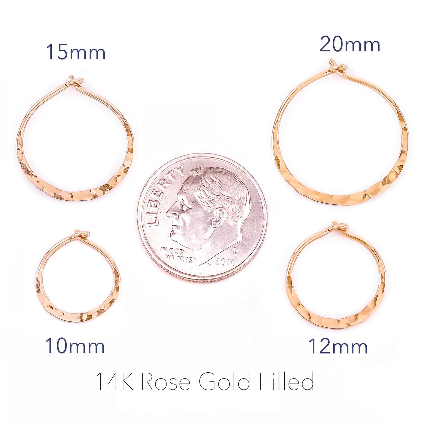 12mm Hammered Hoop Earrings, 14K Rose Gold Filled