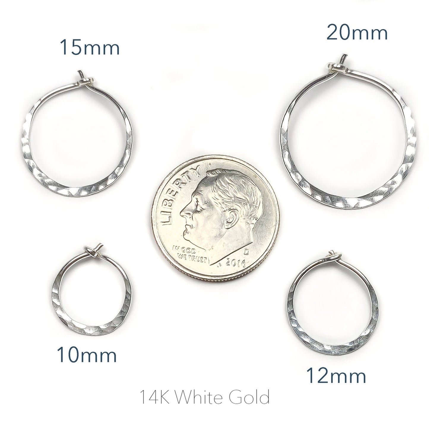 14K White Gold Hammered Mini Hoops, 10mm