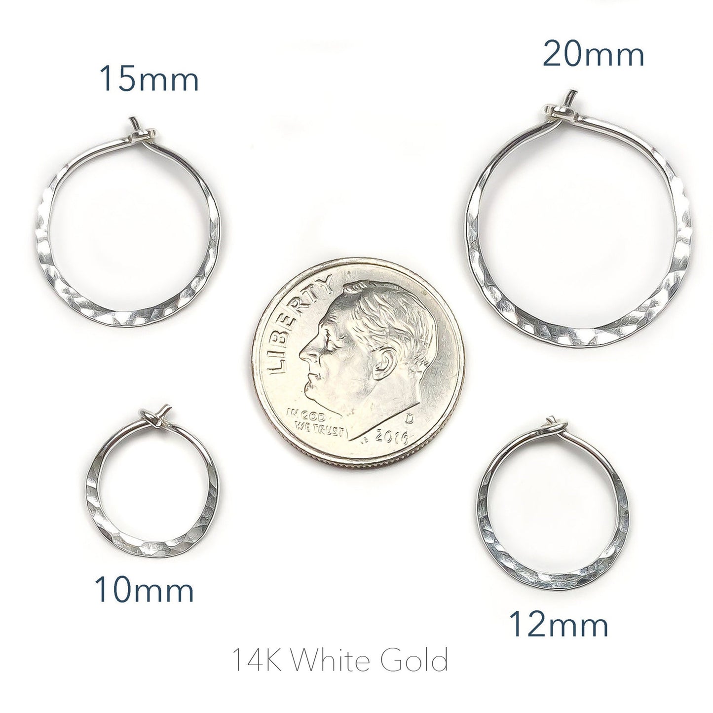 14K White Gold Hammered Mini Hoops, 12mm