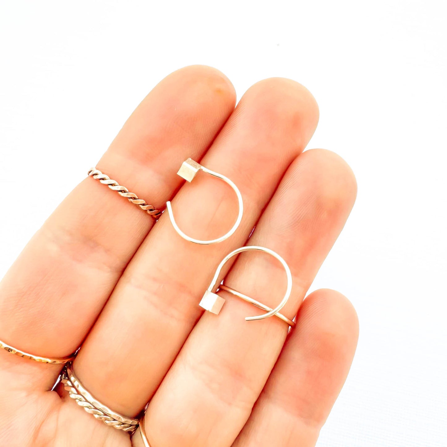 Block Threader Half Hoop Earrings, Silver