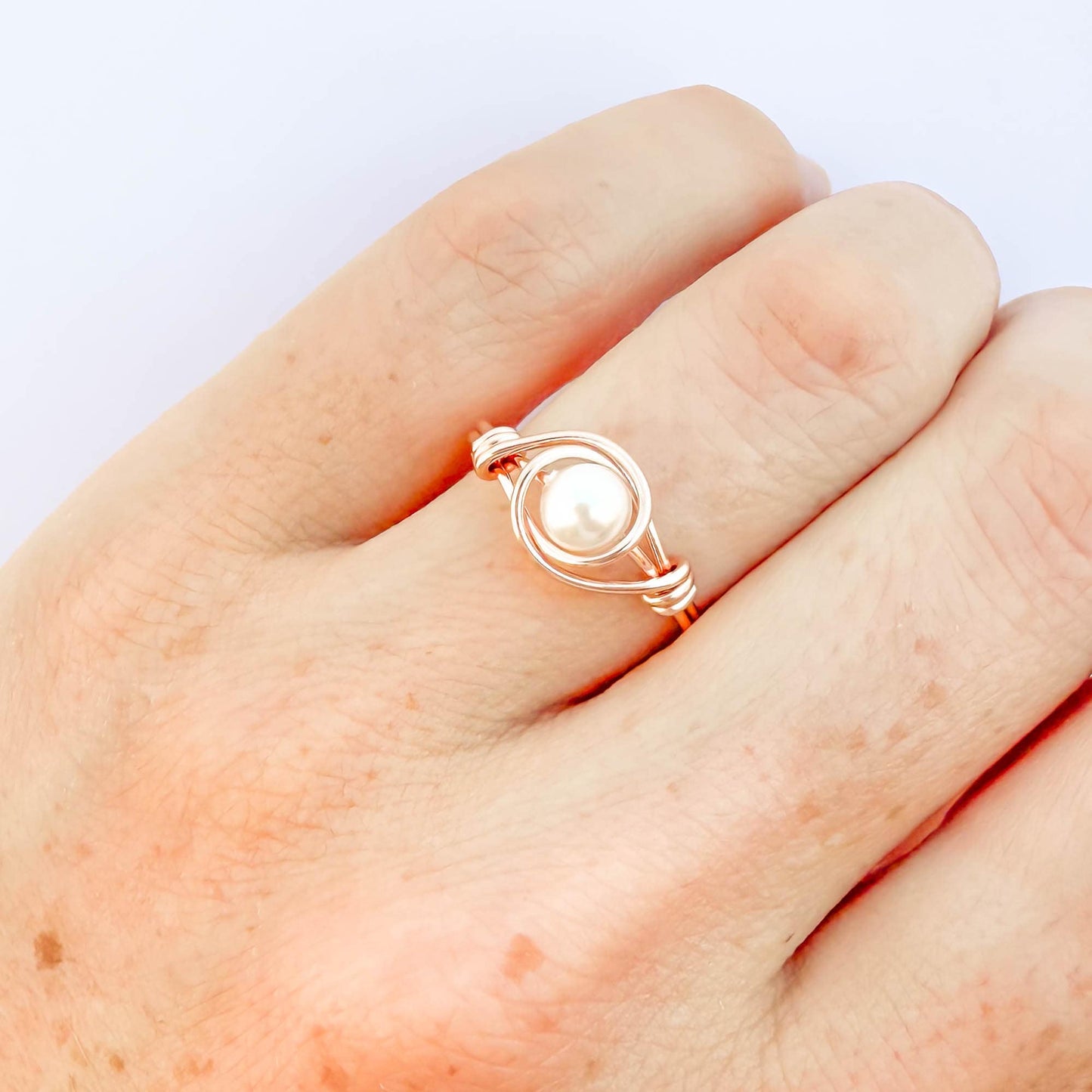 Wire Wrapped Pearl Ring, 14K Rose Gold Filled