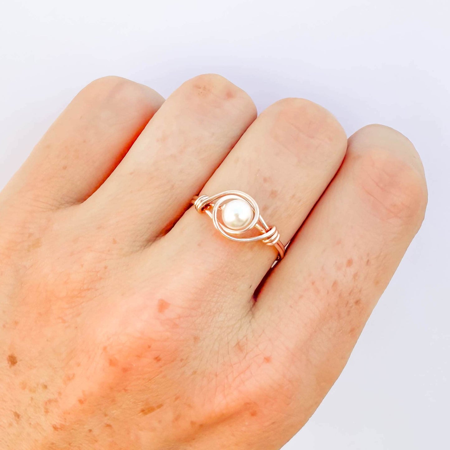 Wire Wrapped Pearl Ring, 14K Rose Gold Filled