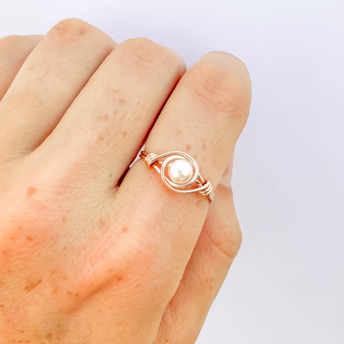 Wire Wrapped Pearl Ring, 14K Rose Gold Filled